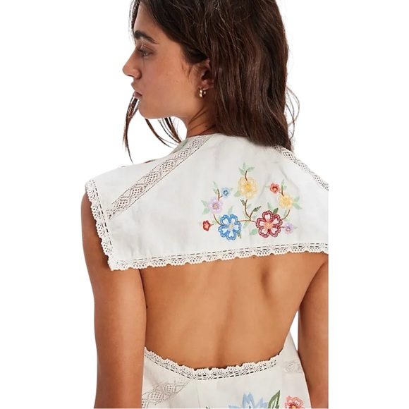 NWT FREE PEOPLE Willow Embroidered Open Back White Cottagecore Mini Dress Small - Picture 3 of 9